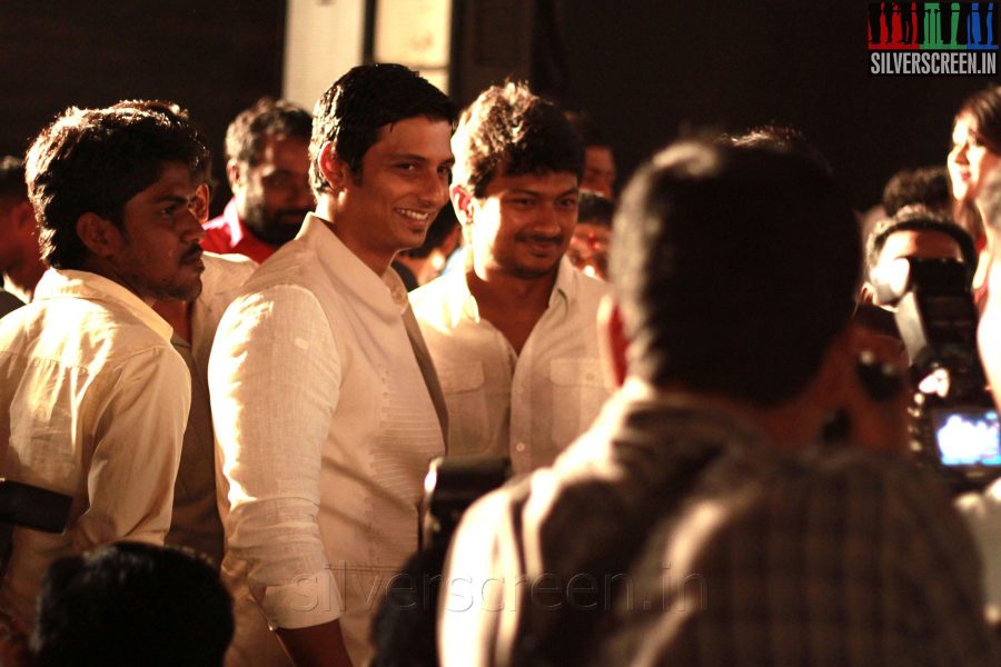 Actor Jiiva and Udhayanidhi Stalin at the Endrendrum Punnagai Audio Launch