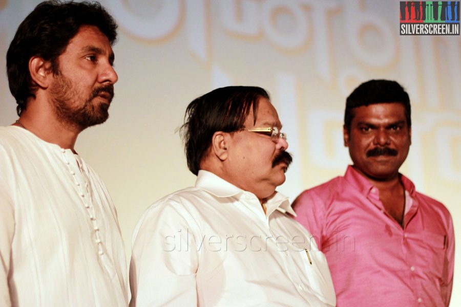 Producers Dr V Ramadoss, GKM Tamil Kumaran and Director I Mueenuddin Ahmed at the Endrendrum Punnagai Audio Launch