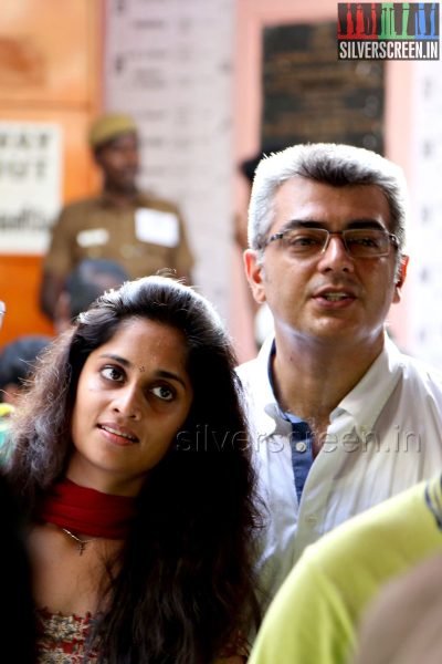 Actor Ajith Kumar and wife Shalini vote in the Lok Sabha Elections 2014