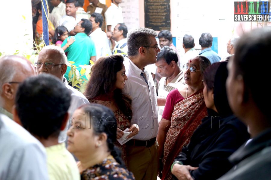 Actor Ajith Kumar and wife Shalini vote in the Lok Sabha Elections 2014