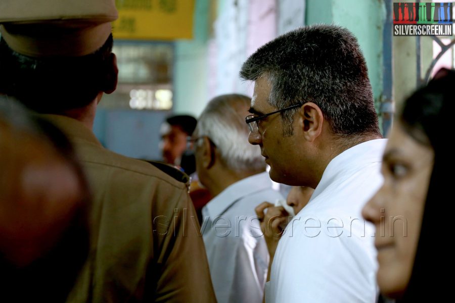 Actor Ajith Kumar and wife Shalini vote in the Lok Sabha Elections 2014