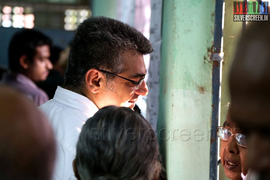 Actor Ajith Kumar and wife Shalini vote in the Lok Sabha Elections 2014