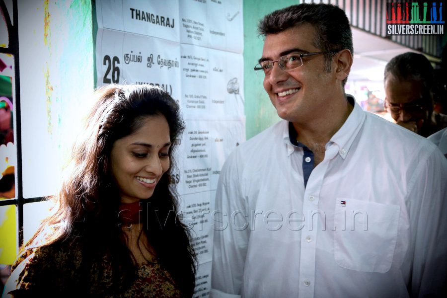 Actor Ajith Kumar and wife Shalini vote in the Lok Sabha Elections 2014