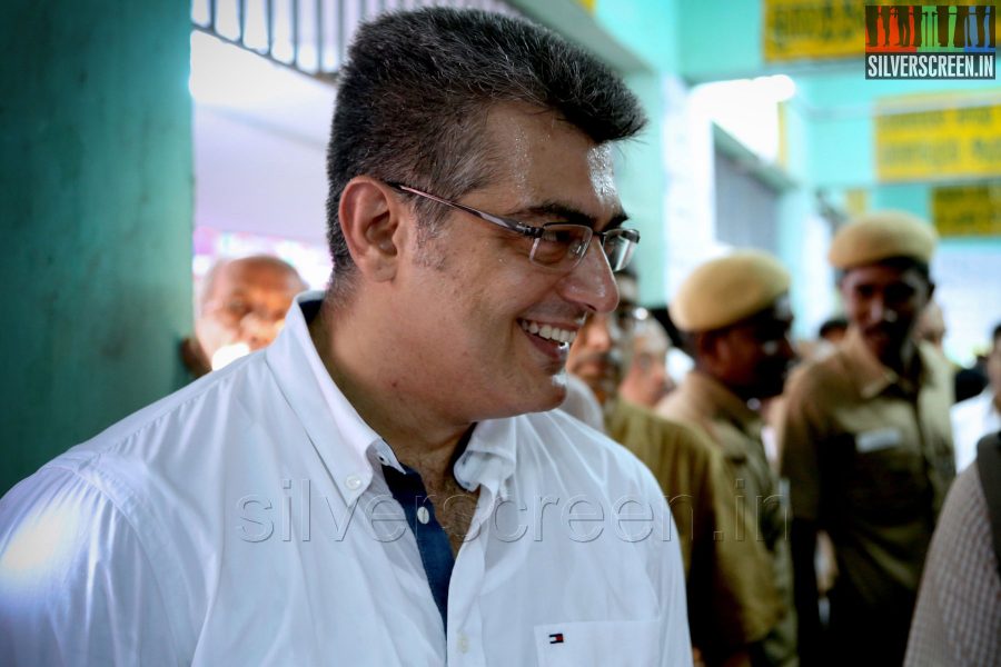 Actor Ajith Kumar and wife Shalini vote in the Lok Sabha Elections 2014