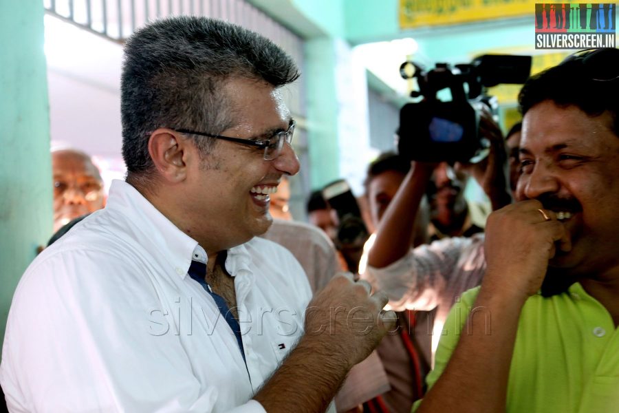 Actor Ajith Kumar and wife Shalini vote in the Lok Sabha Elections 2014