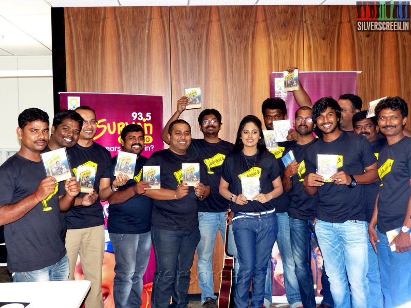 Producer CV Kumar, Actress Nandita, Sean Roldan and Vishnu Vishal at the Mundasupatti Audio Launch at Suryan FM