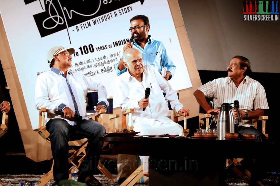 K Bhagyaraj; Karu Pazhaniappan; RV Udhaya Kumar at the Kathai Thiraikathai Vasanam Iyakkam Audio Launch