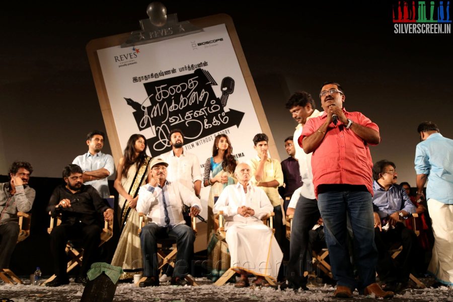 Akhila Kishore Cheran K Bhagyaraj Karu Pazhaniappan RV Udhaya Kumar Sahithya Jagannathan Vikraman at the Kathai Thiraikathai Vasanam Iyakkam Audio Launch