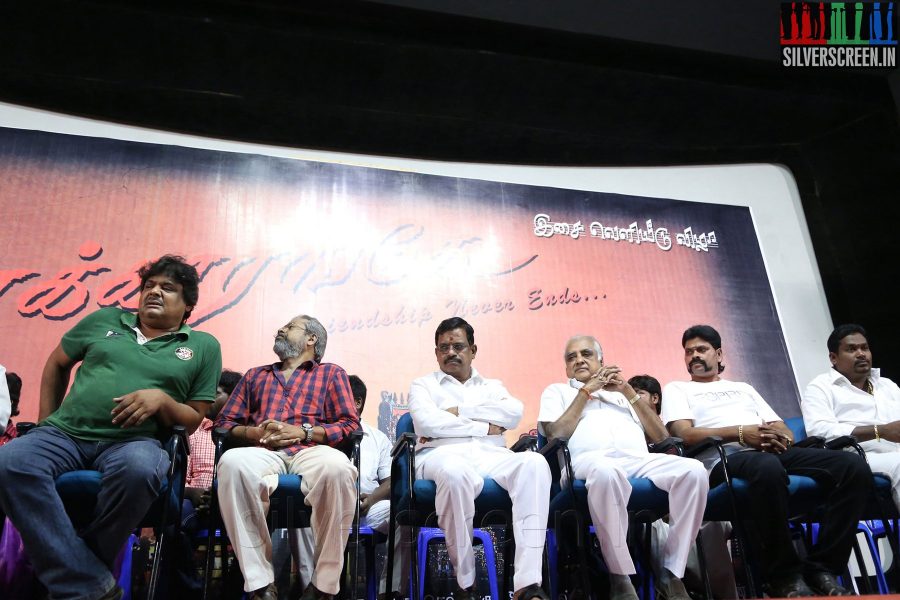 Actor Mansoor Ali Khan, Kalaipuli S Thanu, Director Veeraprabhu at the Madurakarange or Madurakaranga Audio Launch