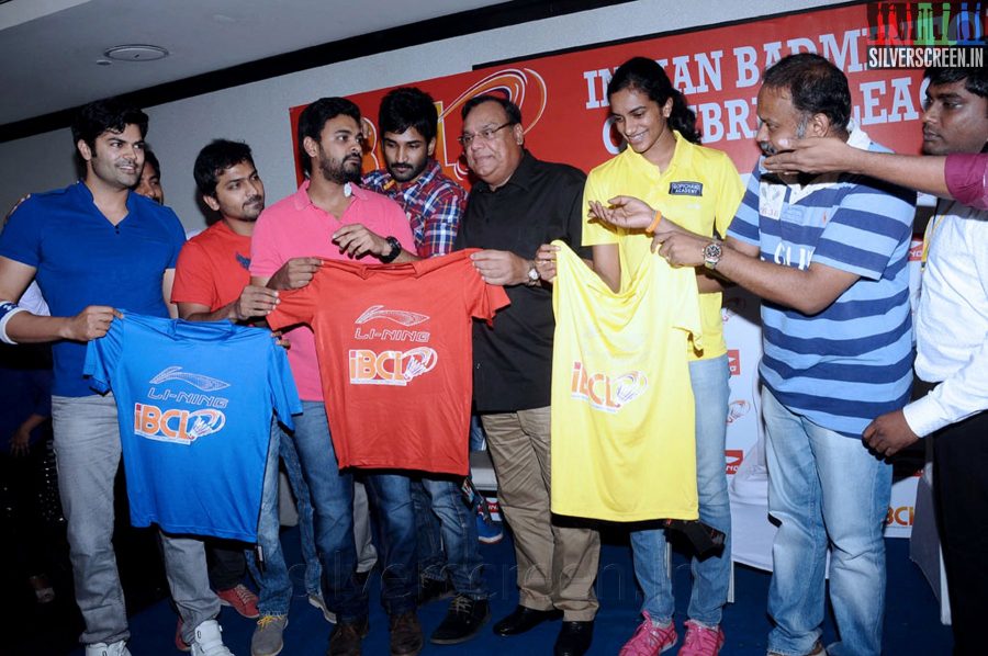 Badminton Player P V Sindhu, Actor Aadhi, Venkat Prabhu, Nithin Satya, Ganesh Venkatraman at the Indian Badminton Celebrity League Launch