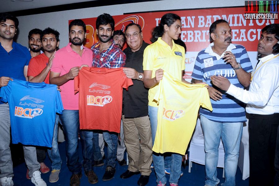 Badminton Player P V Sindhu, Actor Aadhi, Venkat Prabhu, Nithin Satya, Ganesh Venkatraman at the Indian Badminton Celebrity League Launch