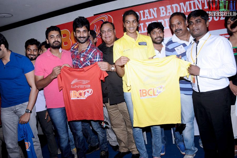 Badminton Player P V Sindhu, Actor Aadhi, Venkat Prabhu, Nithin Satya, Ganesh Venkatraman at the Indian Badminton Celebrity League Launch