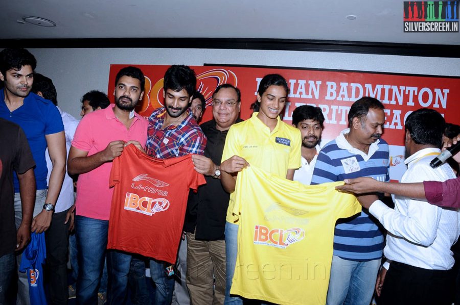 Badminton Player P V Sindhu, Actor Aadhi, Venkat Prabhu, Nithin Satya, Ganesh Venkatraman at the Indian Badminton Celebrity League Launch