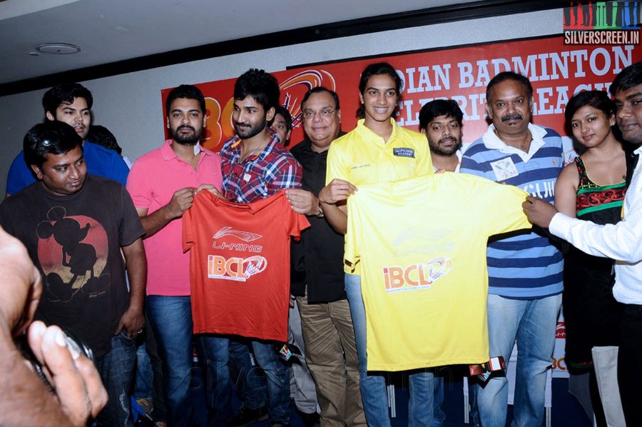 Badminton Player P V Sindhu, Actor Aadhi, Venkat Prabhu, Nithin Satya, Ganesh Venkatraman at the Indian Badminton Celebrity League Launch