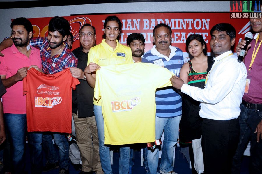 Badminton Player P V Sindhu, Actor Aadhi, Venkat Prabhu, Nithin Satya, Ganesh Venkatraman at the Indian Badminton Celebrity League Launch