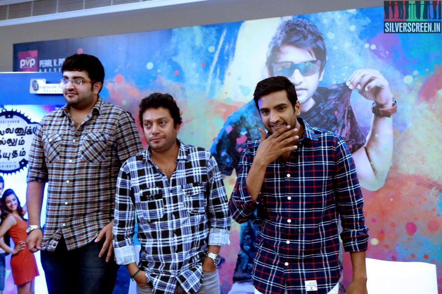 Comedian Actor Santhanam, Music Director Siddarth Vipin at the Vallavanukku Pullum Ayutham Press meet