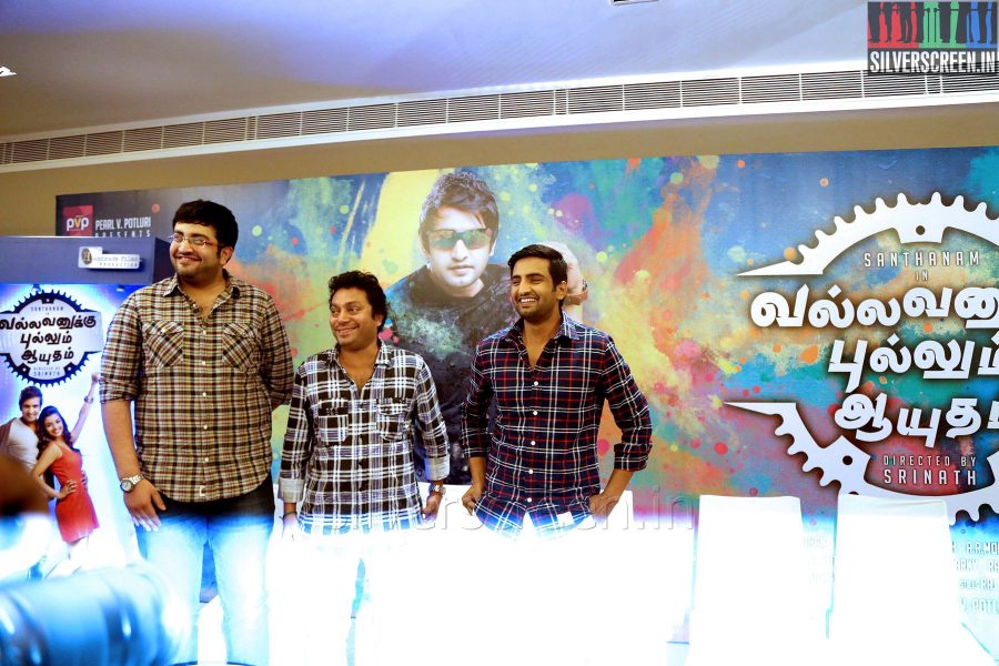 Comedian Actor Santhanam, Music Director Siddarth Vipin at the Vallavanukku Pullum Ayutham Press meet