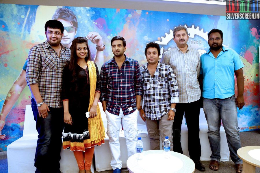 Comedian Actor Santhanam, Music Director Siddarth Vipin, Actress Ashna Zaveri at the Vallavanukku Pullum Ayutham Press meet