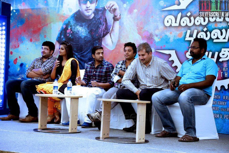 Comedian Actor Santhanam, Music Director Siddarth Vipin at the Vallavanukku Pullum Ayutham Press meet