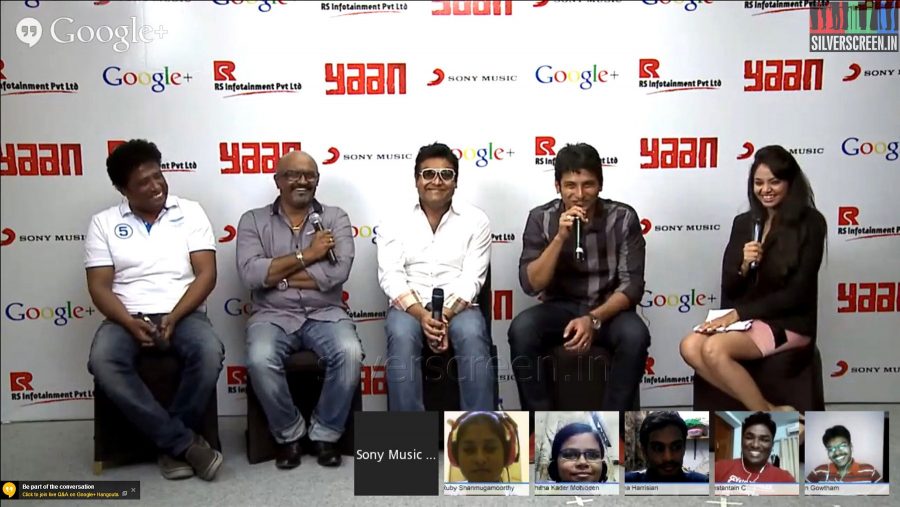 Music Director Harris Jayaraj, Actor Jiiva, Producer Elred Kumar and Director Ravi K Chandran at Yaan Audio Launch on Google Hangout