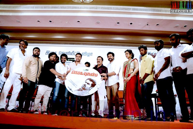 Actor Karthi Sivakumar, Suriya, Catherine Tresa and Sivakumar at the Madras Movie Audio Launch