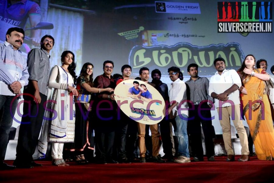 Actress Namitha, Sunaina, Actor Suriya, Powerstar Srinivasan, R Parthiepan, Srikanth and Music Director Vijay Antony at Nambiyaar (Or Nambiar) Movie Audio Launch Function