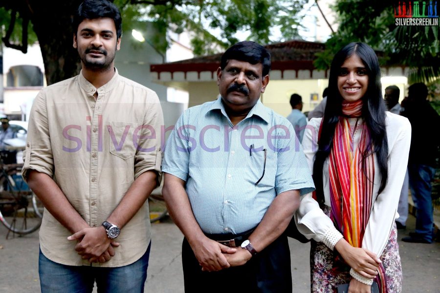 Director Gnana Rajasekaran, Actor Abhinay Vaddi and Producer Sindhu Rajasekaran at Ramanujan Press Show Stills