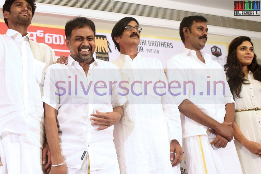 Actor Natarajan Subramaniam (Or Milaga Nataraj Or Natty), Actress Ishara, Director N Lingusamy and Manobala at Sathuranga Vettai Press Meet