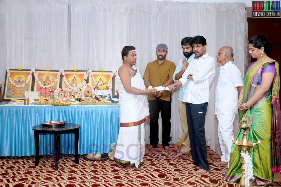 Actor Saisikumar, Director Bala and Actress Varalaxmi Sarathkumar at Tharai Thappattai (Or Thaarai Thappatai) Movie Launch or Pooja Event