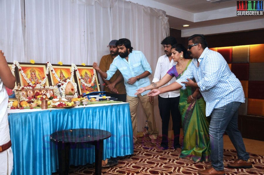 Director Bala, Mysskin, Actor Sasikumar and Actress Varalaxmi Sarathkumar at Tharai Thappattai (Or Thaarai Thappatai) Movie Launch or Pooja Event