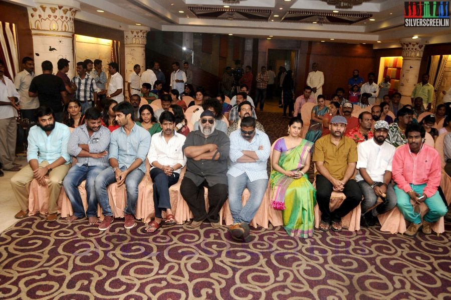 Director Bala, Mysskin, Actor Sasikumar and Actress Varalaxmi Sarathkumar at Tharai Thappattai (Or Thaarai Thappatai) Movie Launch or Pooja Event