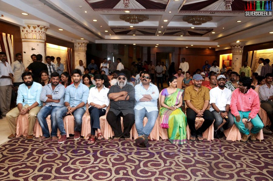 Director Bala, Mysskin, Actor Sasikumar and Actress Varalaxmi Sarathkumar at Tharai Thappattai (Or Thaarai Thappatai) Movie Launch or Pooja Event