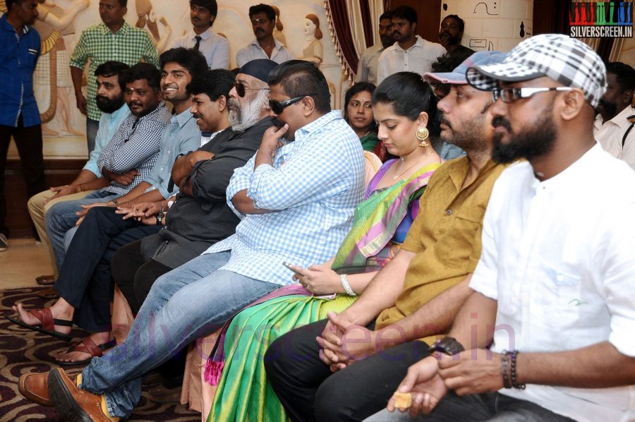 Director Bala, Mysskin, Actor Sasikumar and Actress Varalaxmi Sarathkumar at Tharai Thappattai (Or Thaarai Thappatai) Movie Launch or Pooja Event