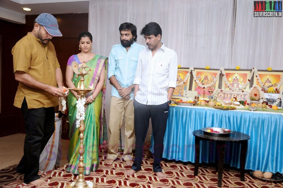 Director Bala, Actor Sasikumar and Actress Varalaxmi Sarathkumar at Tharai Thappattai (Or Thaarai Thappatai) Movie Launch or Pooja Event