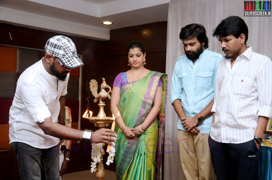 Director Bala, Actor Sasikumar and Actress Varalaxmi Sarathkumar at Tharai Thappattai (Or Thaarai Thappatai) Movie Launch or Pooja Event