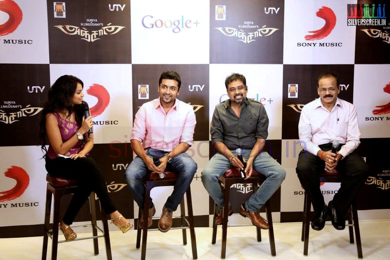 Actor Suriya, N Linguswamy and Dhananjayan Govind at the Anjaan Hangout Event