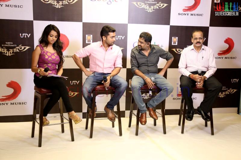 Actor Suriya, N Linguswamy and Dhananjayan Govind at the Anjaan Hangout Event