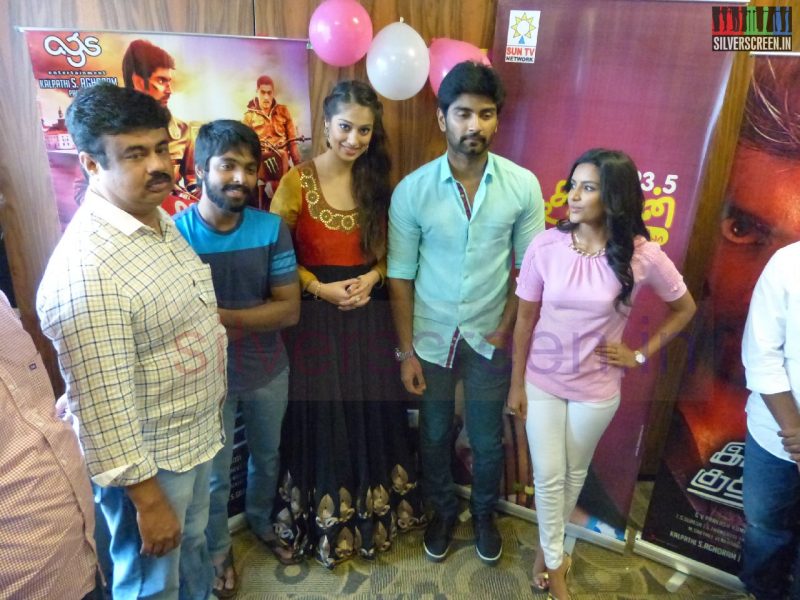 Actor Atharvaa, Actress Priya Anand, Raai Laxmi, Music Director GV Prakash Kumar and AGS Rangarajan at Irumbu Kuthirai Audio Launch Stills