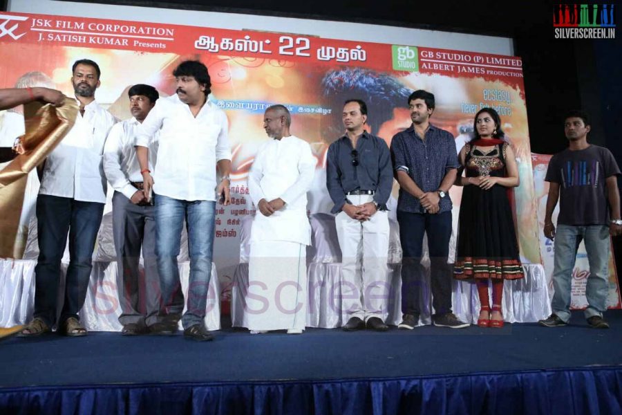 Music Director Ilaiyaraaja, Producer j Sathish Kumar, Actress Srushti, Actor Ashwin and Director Karthik Rishi in Megha Movie Press Meet Stills