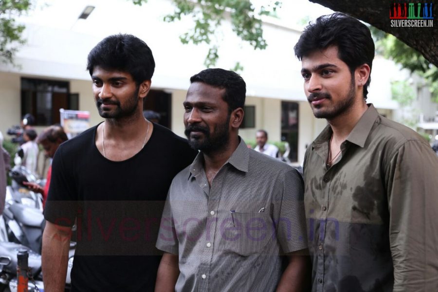 Actor Atharvaa, Harish Kalyan and Director Vetrimaaran at Poriyaalan Press Meet Stills