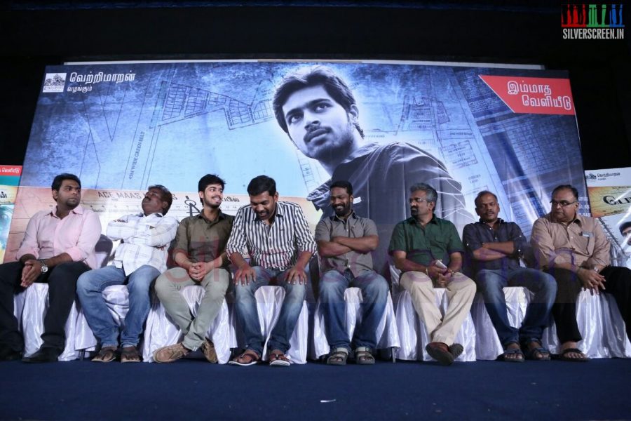 Actor Harish Kalyan, Mohan V Ram, Music Director MS Jones, Cinematographer R Velraj, Producer T Siva, Director Vetrimaaran and Thanukumar at Poriyaalan Press Meet Stills