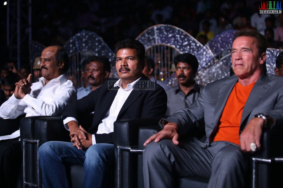 Actor Rajinikanth, Director Shankar and Arnold Schwarzenegger at the I aka Ai Movie Audio Launch Stills