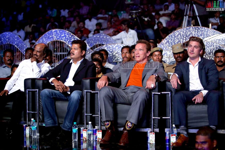 Actor Rajinikanth, Director Shankar and Arnold Schwarzenegger at the I aka Ai Movie Audio Launch Stills