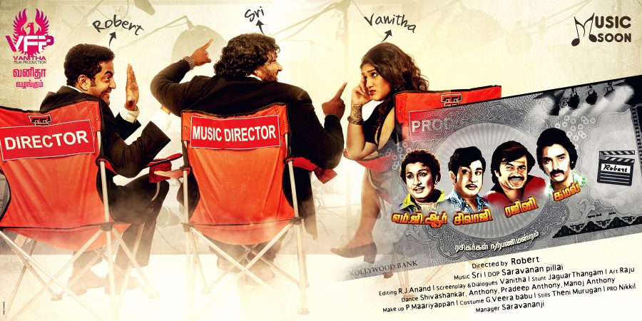 Choreographer Robert, Actress Vanitha and Music Director Srikanth Deva in MGR Sivaji Rajini Kamal Movie Posters