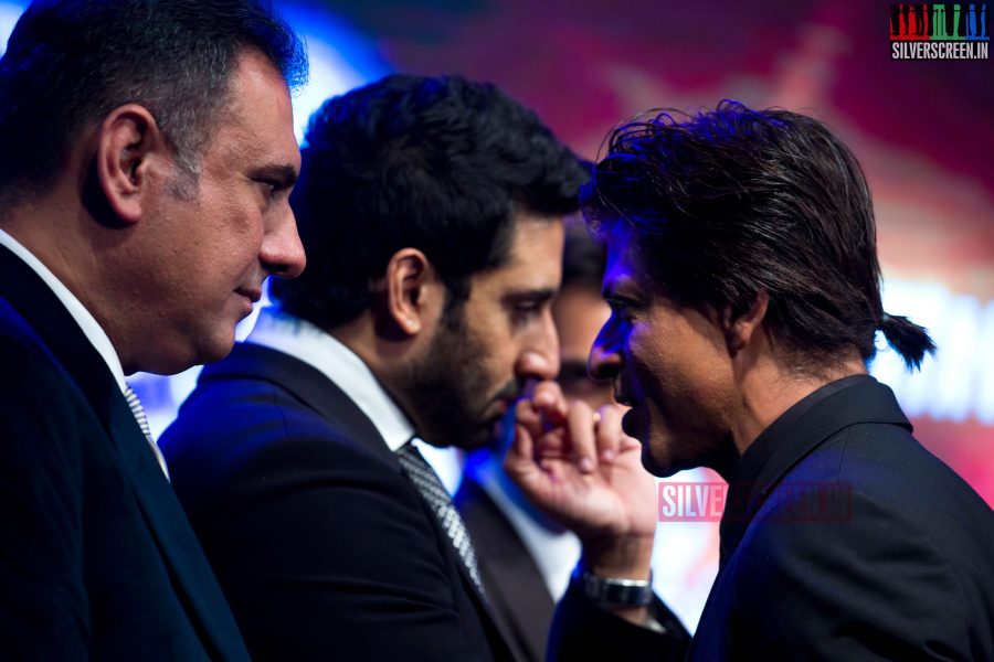 Actor Abhishek Bachchan, Shahrukh Khan, Boman Irani at Happy New Year Promo with Palam Silks
