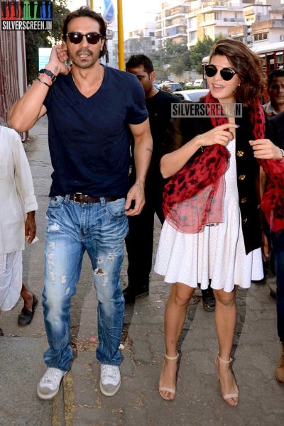 Actress Jacqueline Fernandez and Arjun Rampal promote film Roy at Reliance Digital