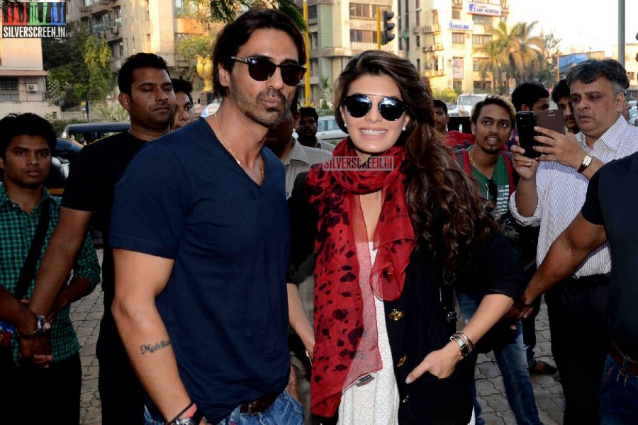 Actress Jacqueline Fernandez and Arjun Rampal promote film Roy at Reliance Digital