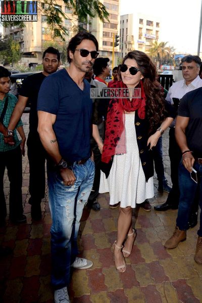 Actress Jacqueline Fernandez and Arjun Rampal promote film Roy at Reliance Digital