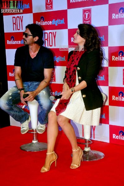 Actress Jacqueline Fernandez and Arjun Rampal promote film Roy at Reliance Digital