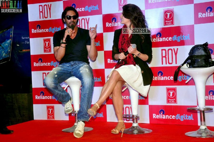 Actress Jacqueline Fernandez and Arjun Rampal promote film Roy at Reliance Digital